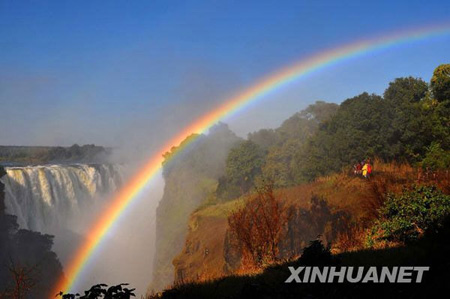 观看气势磅礴的大瀑布和美丽的彩虹