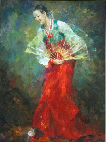 金永哲 朝鲜油画《舞者》 金永哲从事油画创作10多年，创作了30多幅人物画、风景画等，是一位才华横溢的年轻美术家。